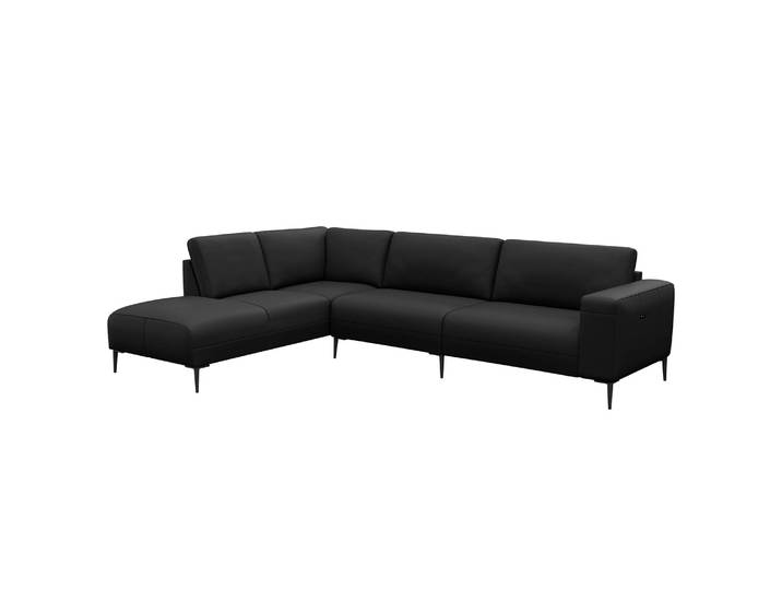 Ecksofa KEDRO mit Ottomane Schwarz/Schwarz Echtleder Danbi 290 x 79 x 203cm Ottomane davorstehend links Natur