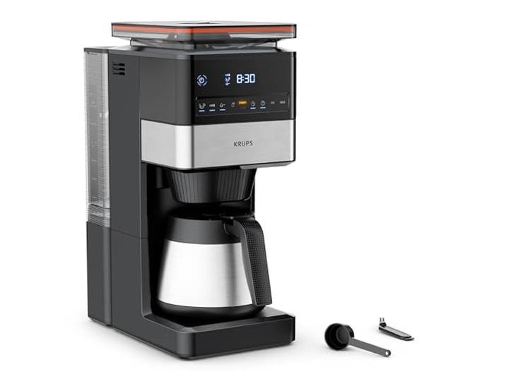 KRUPS Grind Aroma XL Filterkaffeemaschine, abnehmbares Kegelmahlwerk, digitales Bedienfeld, XL-Fassungsvermögen (1,25 L), Edelstahl-Thermoskanne, Schwarz/Edelstahl, KT842810