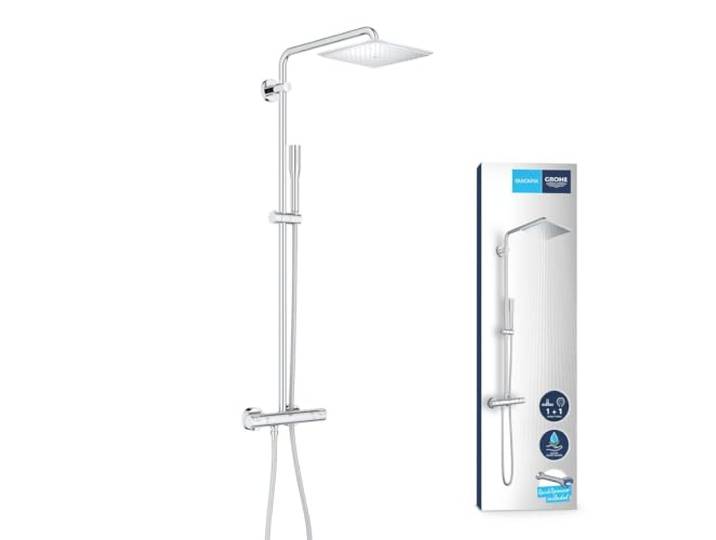 GROHE Colonne de douche avec robinet thermostatique douche Vitalio Joy\, douche apparente\, tête de douche 230mm\, barre orientable\, douchette Vitalio Get Stick\, chromé\, 26365000 (Import Allemagne)