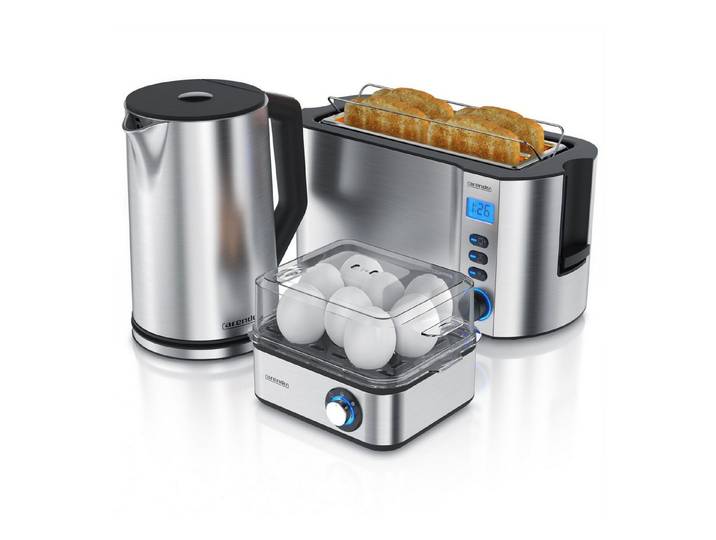 Arendo Frühstücks-Set Wasserkocher 1,5l, 4-Scheiben Toaster, 8er Eierkocher, Silber (3-tlg), Edelstahl, BPA-frei, GS-geprüfte Sicherheit, fürs Familienfrühstück