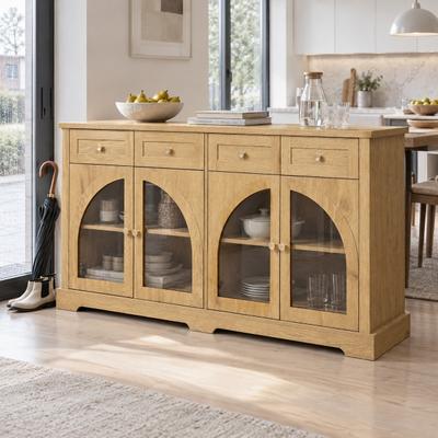 Fundinbaths "60"" Modern Sideboard Cabinet with 4 Drawers, 4 Arched Glass Doors and Adjustable Shelves"