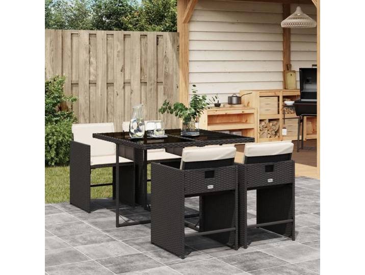 37046&Mode Ensemble à manger de jardin coussins - 5 pcs - (Table et 4 chaises de jardin) - Noir Résine tressée - 110x106x73 cm
