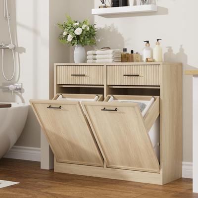 Garvee Modern Tilt Out Laundry Hamper Cabinet, Waterproof Removable Basket, Freestanding 20gal Trash Can Cabinet, Drawer