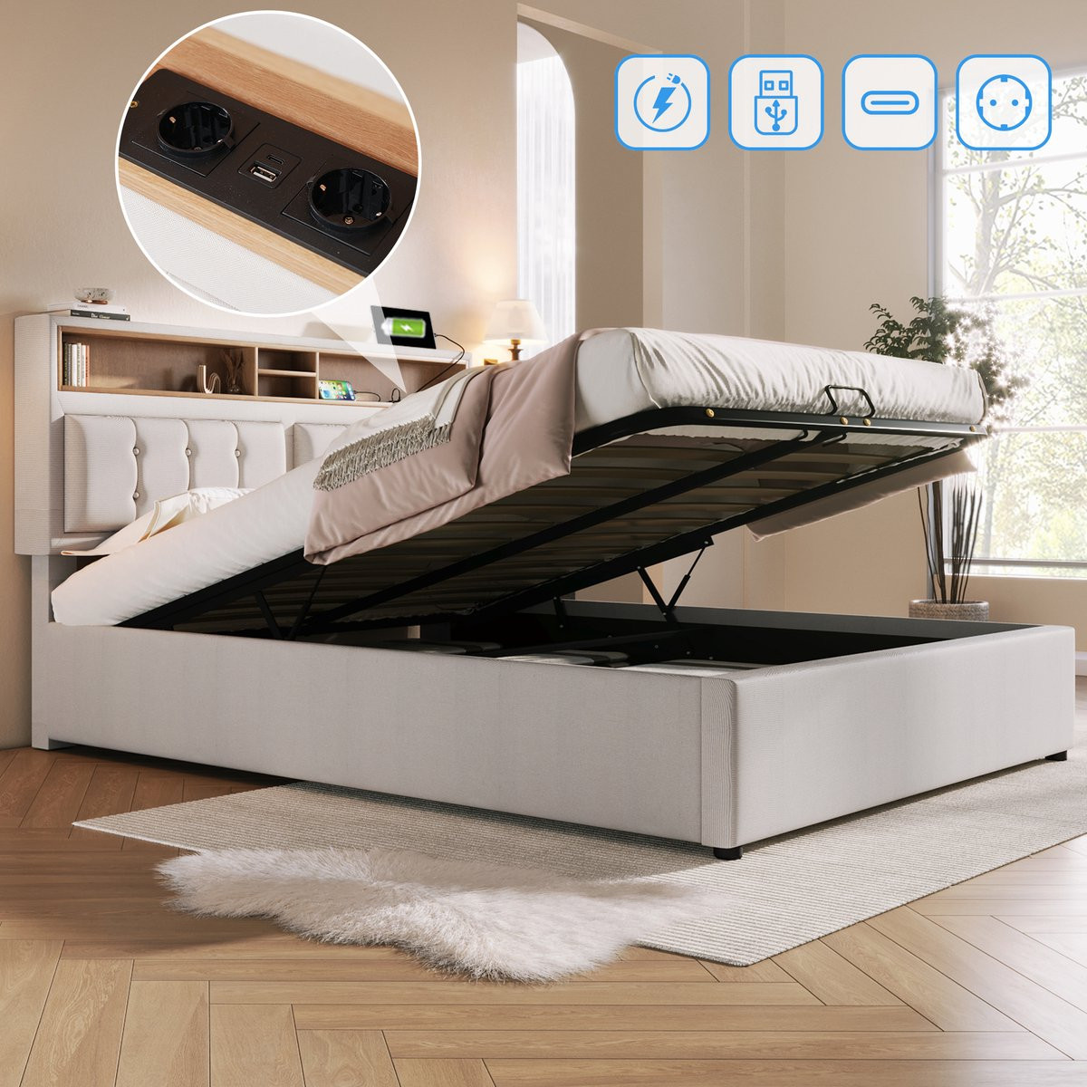 Polster Opbergbed met USB-C Oplaadfunctie en Verstelbaar Hoofdeinde, Beige Linnen Stof, B/D/H: 140 x 200 x 44 cm