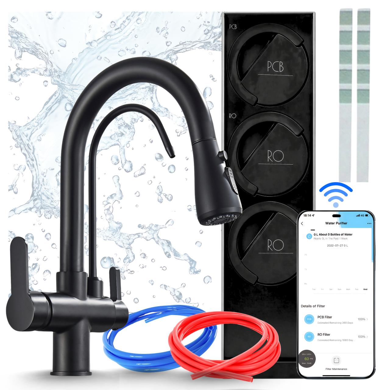 Umkehrosmose-Wasserfiltersystem Ari Nordic Mit Küchenarmatur, 800 Gpd, Wifi, Zweigriffarmatur, Keramikkartusche, Perlator, Schwarz Matt, Messing