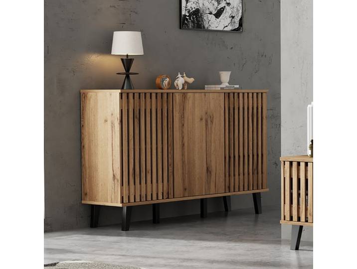 Buffet de rangement 150x40x95 cm - FloraGrace avec 3 portes 6 compartiments et structure a 6 points - Bois naturel