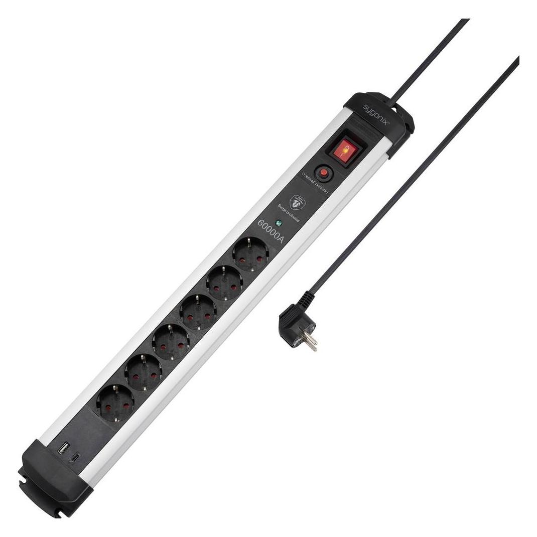 Sygonix SY-6805674 Überspannungsschutz-Steckdosenleiste 6fach Schwarz, Silver Sc (6x, USB-A, USB-C) (SY-6805674)