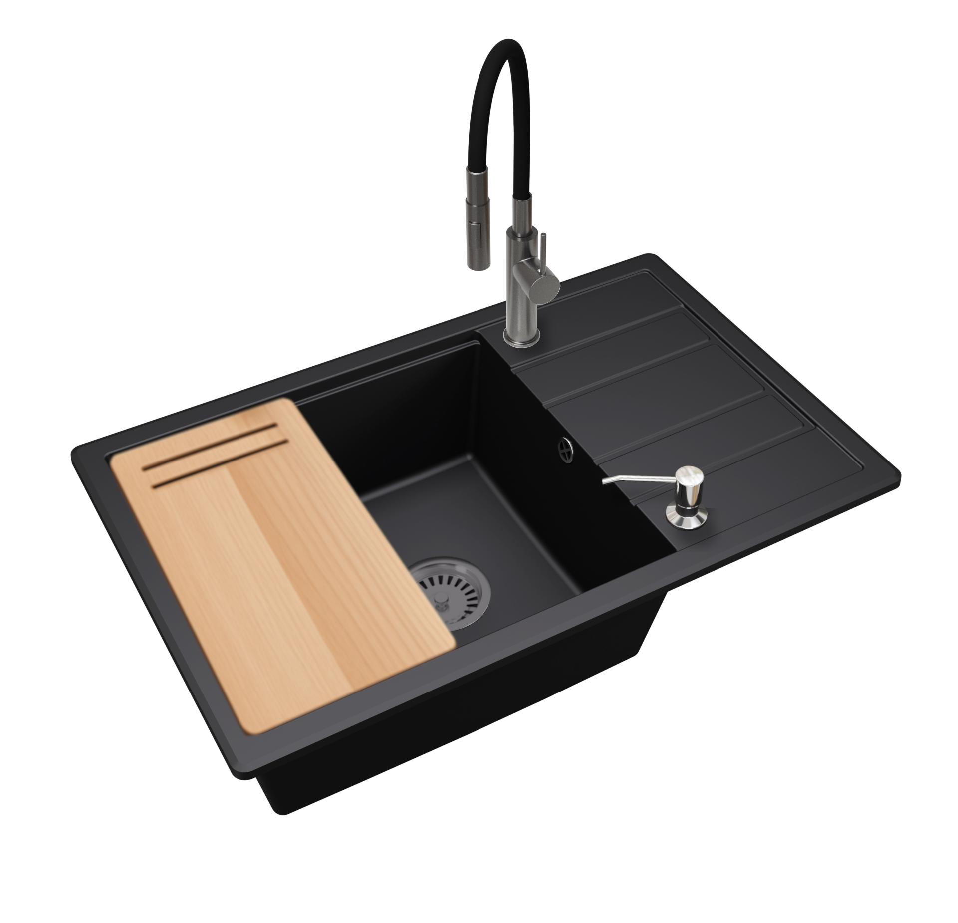 BRADO ZIRCON 8010 Granitspüle mit einem Becken und Abtropffläche - Set mit Schneidebrett, Siphon, Küchenarmatur und Spülmittelspender