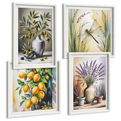 BILDER SET 4er Set - 50x50 cm & 40x60 cm Weißer Rahmen - Olivenblüten in Vasen Natur