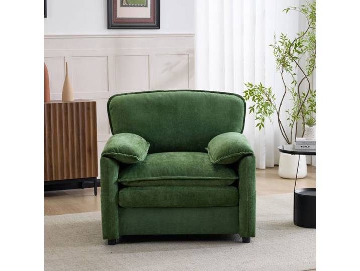 ROVRYN Canapé fixe 1 place vert en chenille style rétro poches latérales accoudoirs
