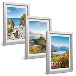 BILDER SET 3er Set - 20x30 cm Silberner Rahmen - Strand, Leuchtturm, Berge, Blumen