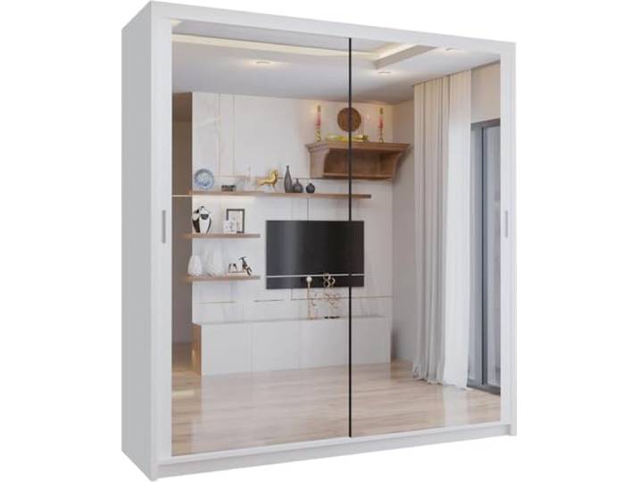 Krudox LUX Weiß Schiebetürenschrank Kleiderschrank 120x216x62 cm mit Spiegel - Schlafzimmermöbel, Aufbewahrung – Mehrzweckschrank mit 2 Kleiderstangen