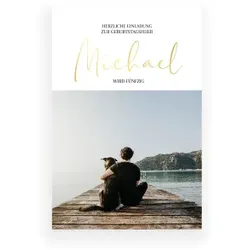 Einladungskarte 50. Geburtstag: Goldschrift mit Foto mit Foto in Weiß