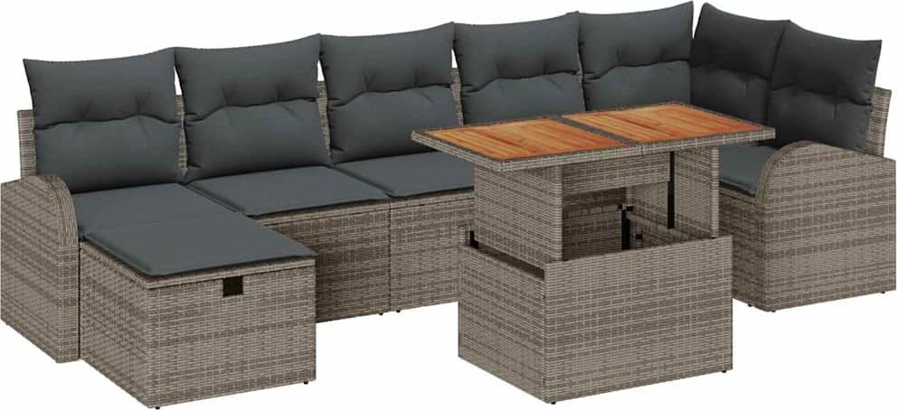 Modulares Garten-Sofa-Set, Outdoor Loungemöbel für 7 Personen, Poly-Rattan & Akazienholz, höhenverstellbar, Grau, 8-teilig