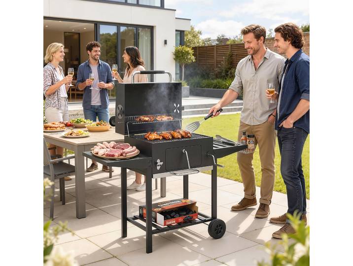 Outsunny Barbecue Charbon Noir Acier Roulettes Grille Réglable