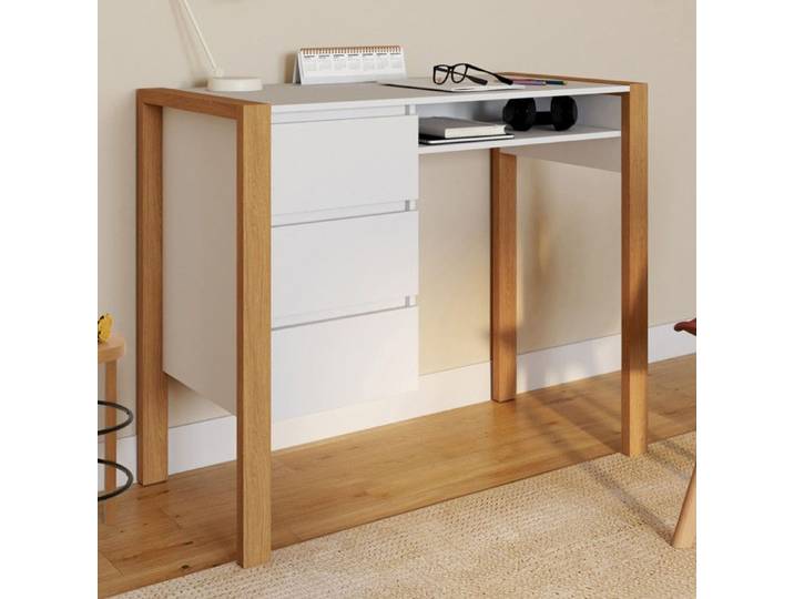 IDMARKET Bureau scandinave HUGO avec 3 tiroirs et niche blanc et bois