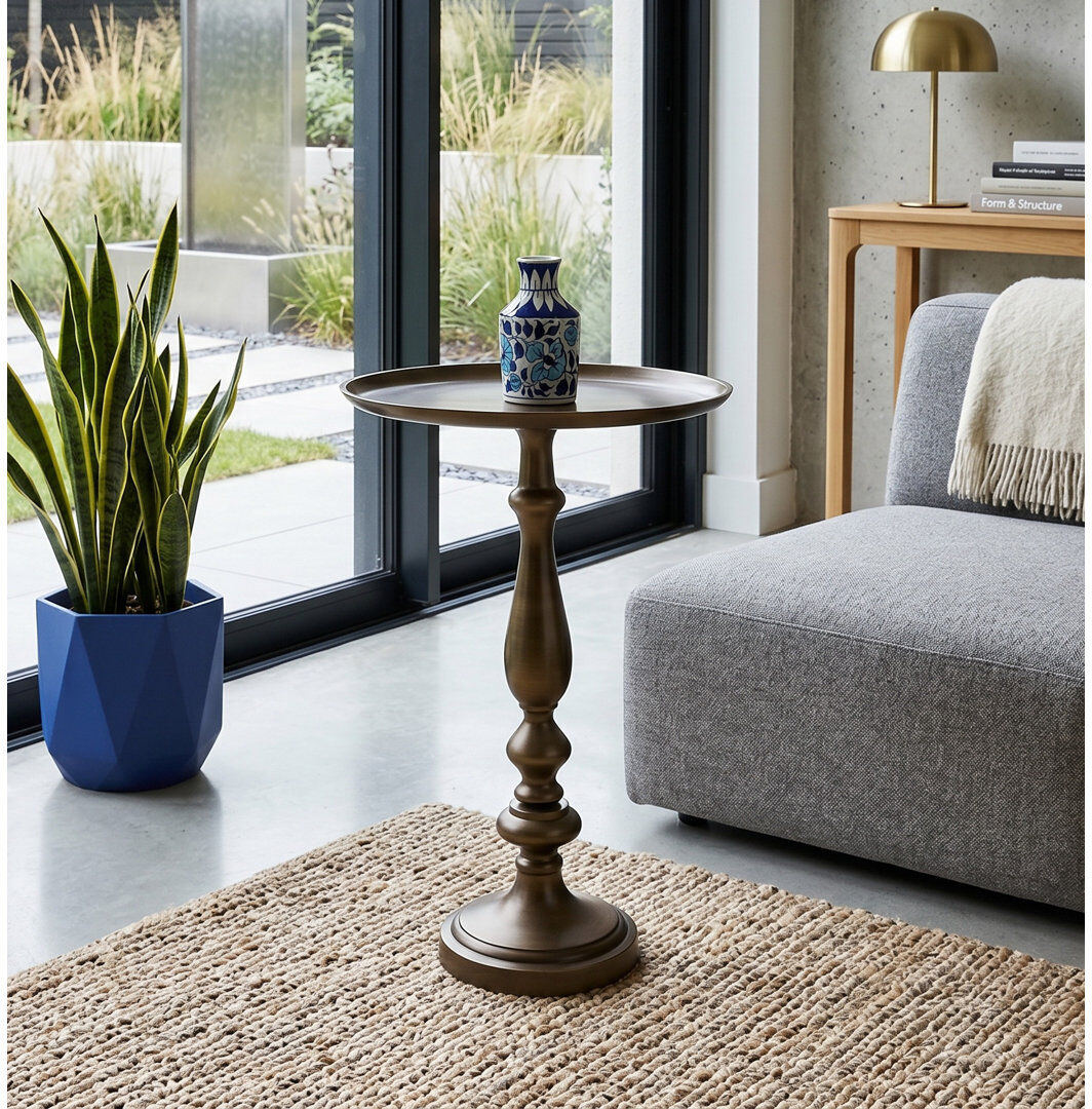 Three Posts Ackermanville Tray Top Pedestal End Table Antique Brass 38cm W