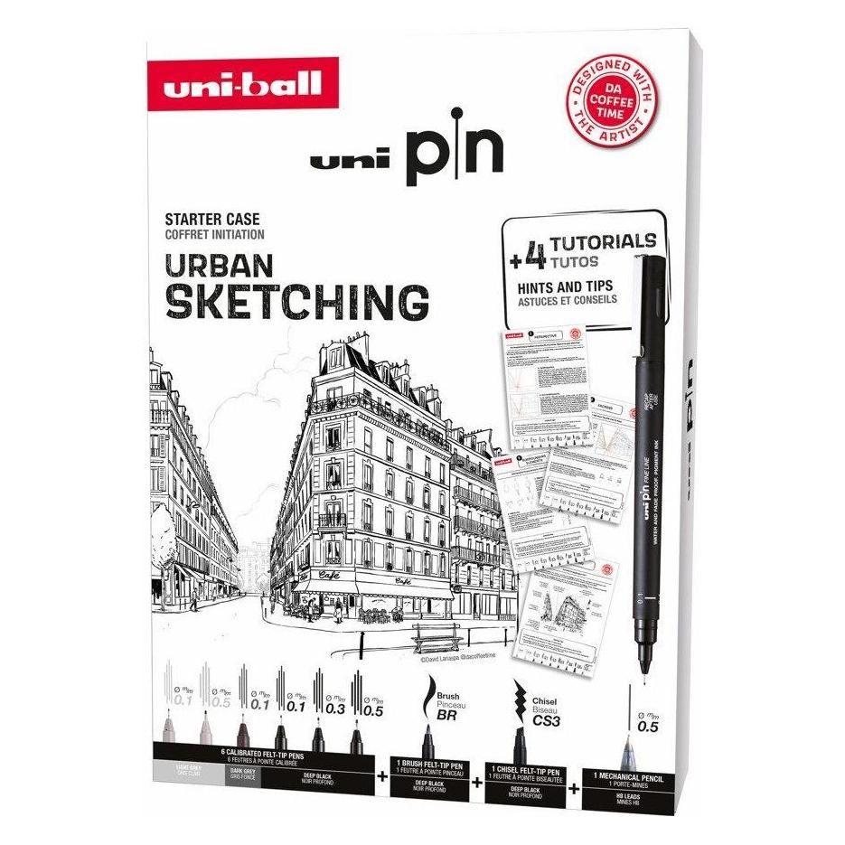 Uni-ball Uni Pin Urban Sketching Box - Gift box with exercises (contains 8x uni pin + 1 pencil 0.5 mm) (9x) (401259)