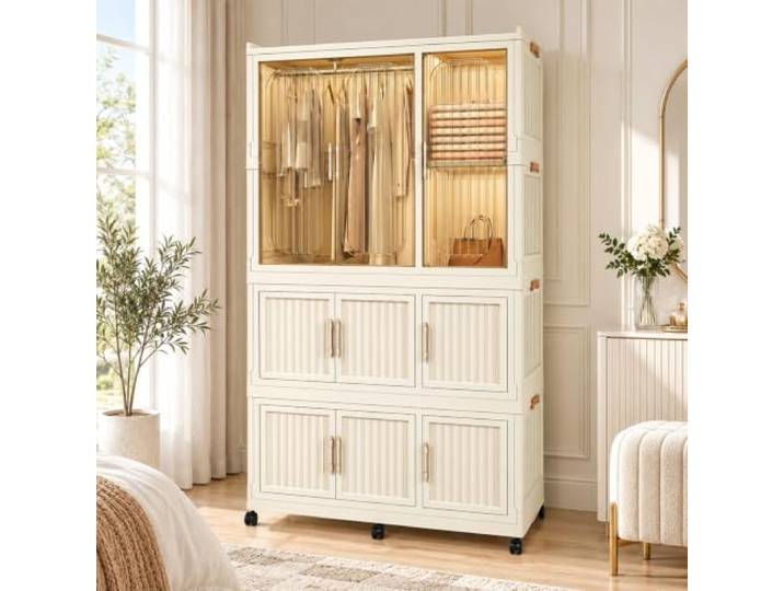Faltbarer Kleiderschrank 92×45×158 cm, PP-Schrank auf Rollen 9 Magnettüren, 1 Kleiderstange, 8 Fächer, 6 Rollen & 6 Bügel – mobile Aufbewahrung für Schlafzimmer und Mietwohnung