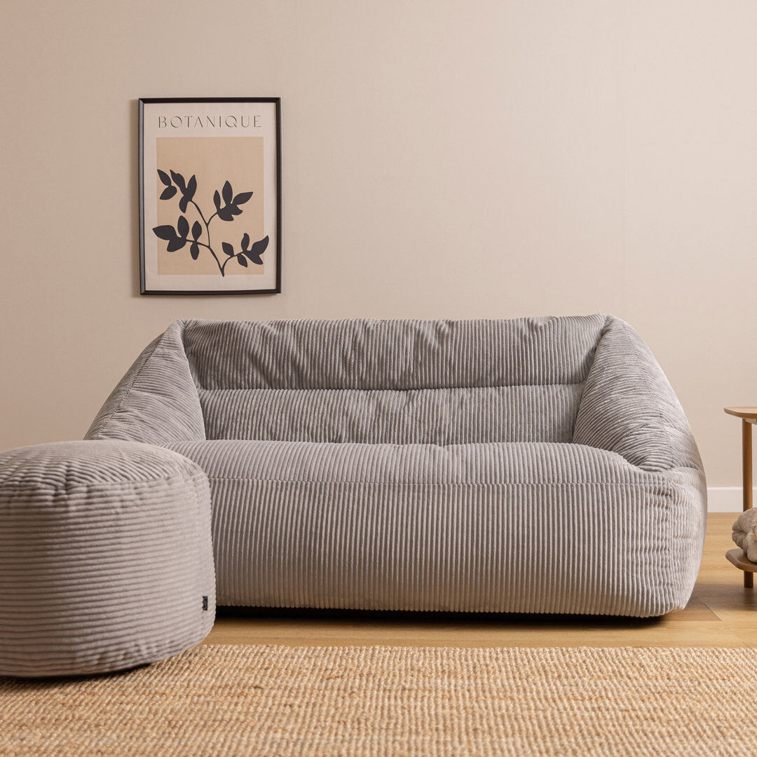 icon Cecilia Corduroy Two Seater Sofa Bean Bag and Round Footstool, Grey Grey Large