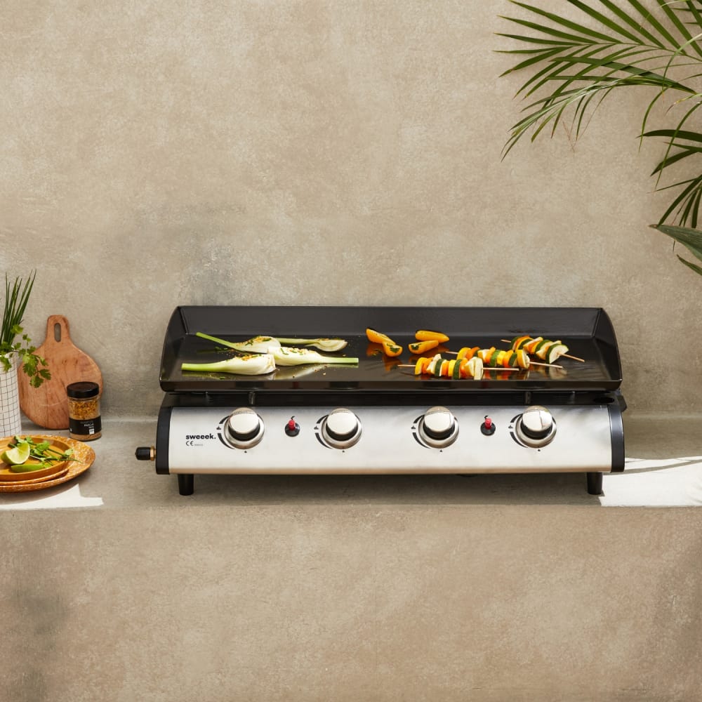 sweeek Plancha au gaz 4 feux, 4 brûleurs, 10 kw barbecue inox Noir 120x90x60cm