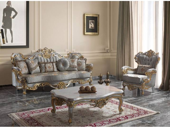 Xlmoebel Polstergarnitur XLMOEBEL Polstersofa Blau Stoff mit Barock-Design, (Polstergarnitur, 2-tlg., 3-Sitzer + Sessel), Made in Europa