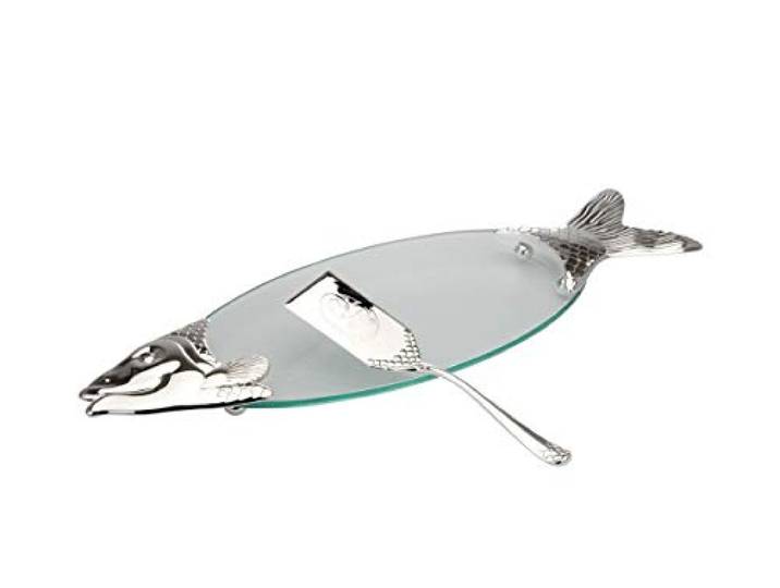 Brillibrum Design Fischplatten Set edle Lachsplatte mit Heber Vorlegeplatte aus Glas die Griffe sind versilbert und anlaufgeschützt Servierplatte in Fischform