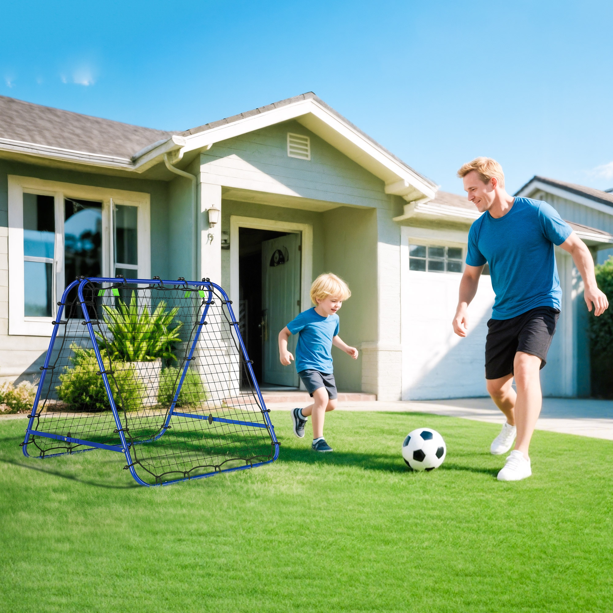 Homcom Rete da Calcio Rebounder Pieghevole con Angolo Regolabile e Picchetti, 100x95x90 cm, Blu Aosom