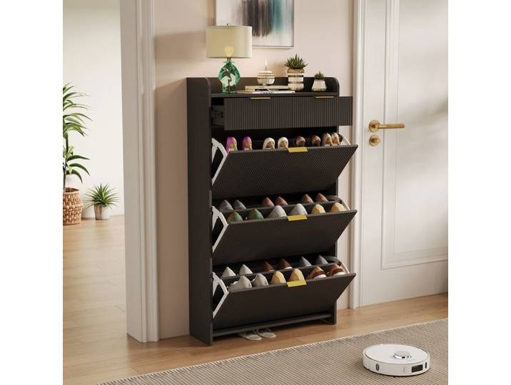 Meuble a Chaussure Meuble Chaussure Bois Meubles pour Entrée Armoire a Chaussures avec 3 Abattants et 2 Tiroirs Noir-DADEA