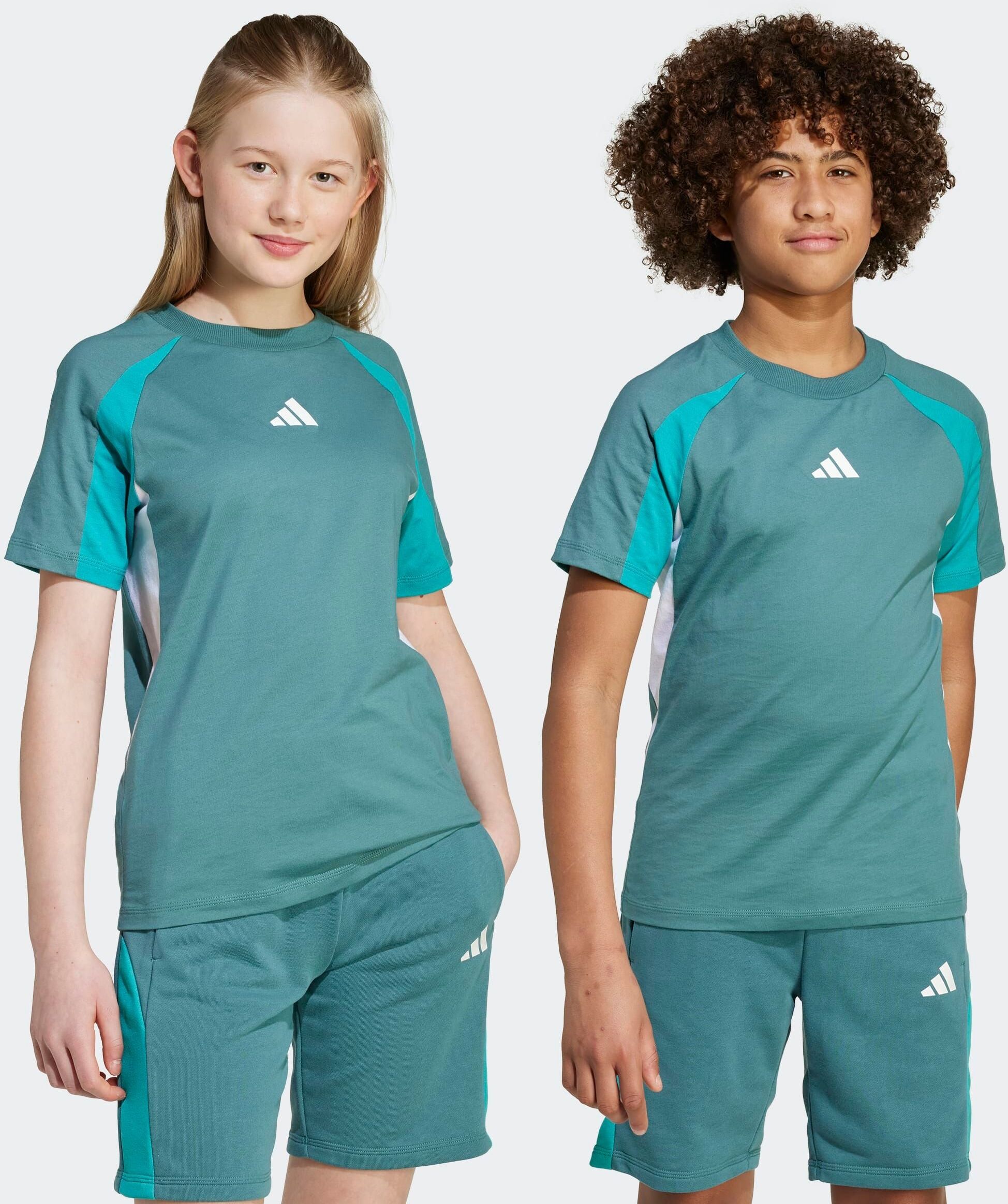 T-Shirt ADIDAS SPORTSWEAR "SEASONAL ESSENTIALS COLORBLOCK KIDS", Jungen, Gr. 176, weiss (preloved teal, pure teal, weiß), Obermaterial: 100% Baumwolle, normal, Rundhals, Shirts T-Shirt preloved teal, pure teal, weiß 176