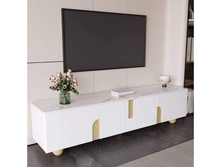 Piaenon - Meuble TV rectangulaire 180x40x44cm avec 4 Portes Pieds Bois Ronds 60kg Design moderne Salon - Blanc
