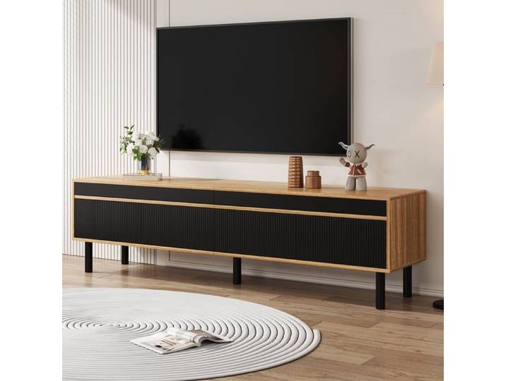Meuble TV moderne Lowboard TV et 4 portes Noir Ou Bois Naturel 170x38x47 cm