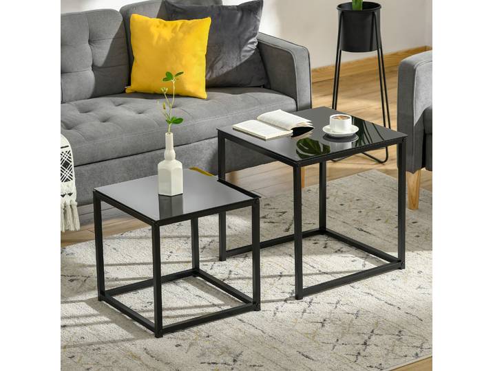 HOMCOM Ensemble 2 Tables Empilables Verre Noir Moderne