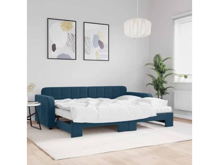 Ausziehbares Schlafsofa blau 80 x 200 cm Samt mit 2 Matratzen Gestell aus Massivholz und Metall, inklusive Sperrholzlatten, Schaumstoff, strukturierter Stoff, Armlehnenhöhe 58 cm