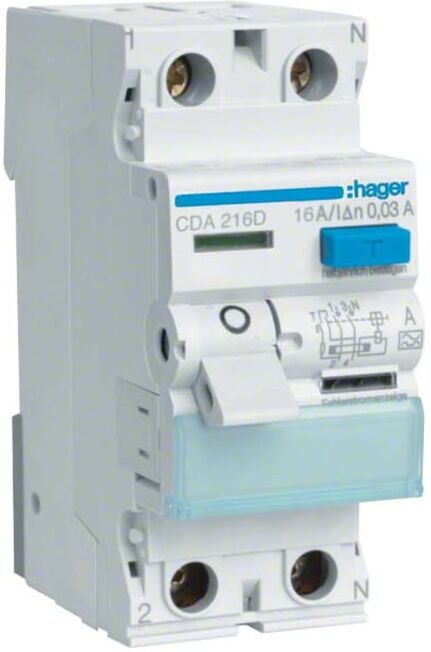 Hager Disjoncteur différentiel 2 pôles 16A/30mA, 6kA CDA216D (CDA216D)