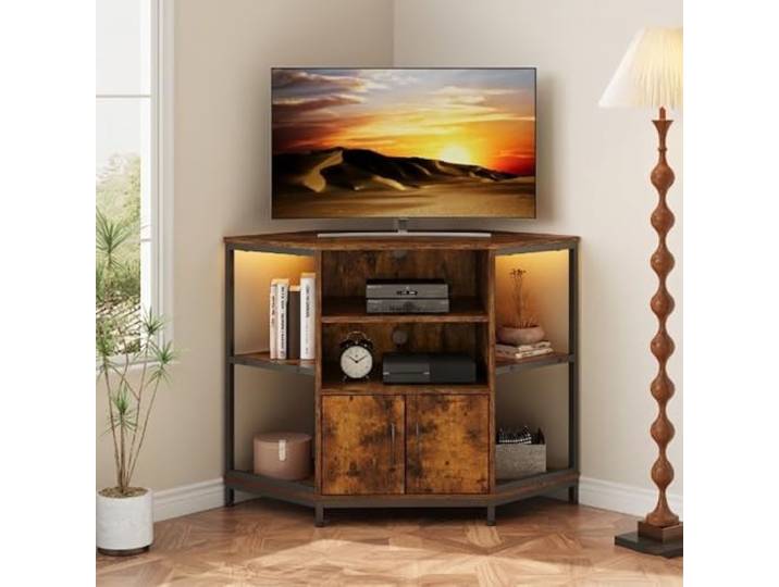 Dripex TV Eckschrank mit LED-Beleuchtung, Eckkommode Fernsehtisch für Wohnzimmer, Industriedesign, 105 x 50 x 79 cm, Vintage Braun
