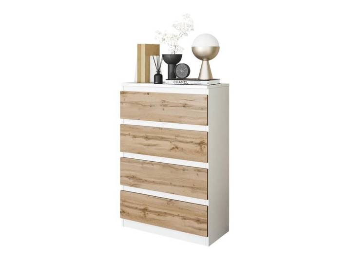 Commode GABRIEL - 4 tiroirs - Table de Chevet Buffet H92cm L60cm P33cm (Blanc/Chêne Wotan)