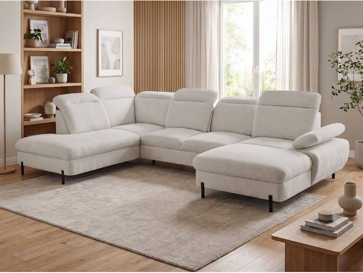 Beautysofa Ecksofa SORA U-Form mit Schlaffunktion & Bettkasten, freistehend, Schlafsofa mit verstellbarer Sitztiefe, Kopfstützen und Armlehne