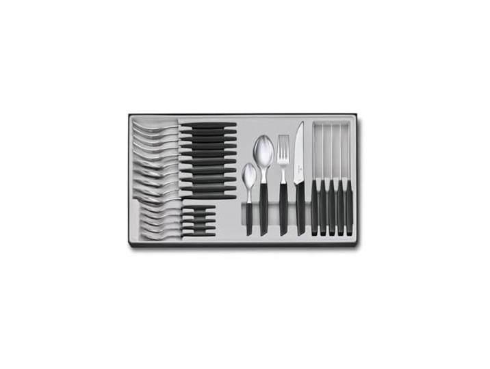 Victorinox Swiss Modern Besteck-Set für 6 Personen, 24-teilig, Inkl. Scharfe Steakmesser mit Wellenschliff, Kunststoffgriffe, Schwarz