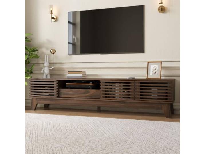 TV Lowboard MDF 3 Türen Schublade Offene Fächer Gerillte Front Wohnzimmer 170cm TV-Schrank Mit Schublade Und Offenen Fächern Modernes TV-Möbel Für Wohnzimmer
