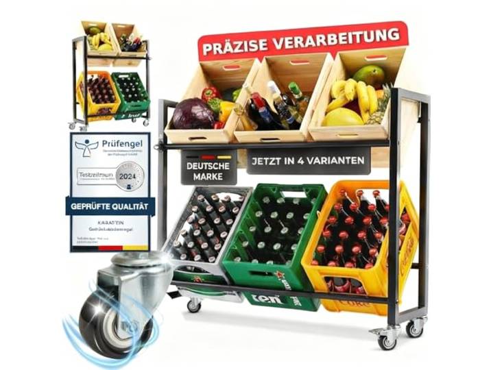 KARASTEIN® Getränkekistenregal mit Rollen für 6 Kisten – Schwerlast bis 150 kg Traglast – Bierkistenregal & Wasserkistenregal für Keller, Garage oder Abstellraum