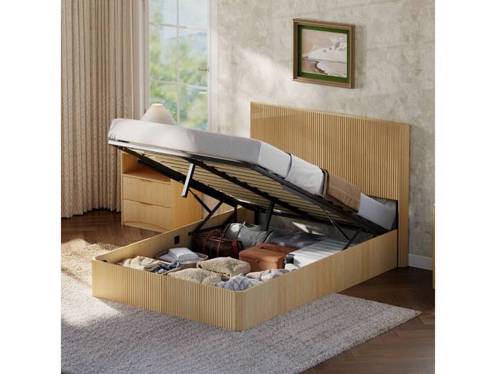 BBWL Bett mit Stauraum hydraulisches Lift Bett Rillenoptik Massivholz Lattenrost, Bett Metallrahmen modernes Schlafzimmerbett