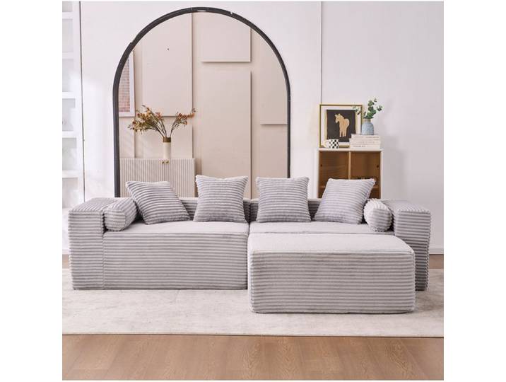 WOVREO Canape d'angle modulable 3 places avec meridienne tissu chenille gris sans montage