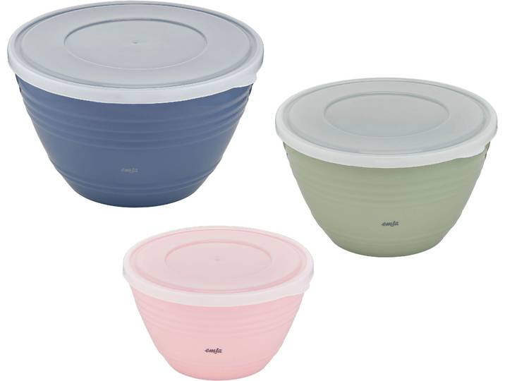 Rührschüssel EMSA K325S3 Prep&Bake , bunt (rosa, grün, blau), B:25,4cm H:14,5cm T:26cm, Kunststoff, Schüsseln, Rührschüssel, konservierender Deckel,rutschfester Boden,Ausgießlippe 1,7,2,75,4,15 L