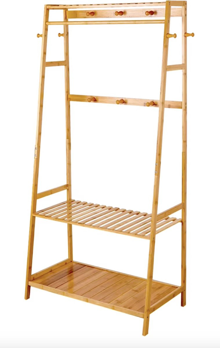 J&R Bamboe Kledingrek met Planken, Stang en Haken - Bruin