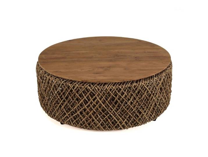 MACABANE SIXTINE - Table basse ronde diam 100 rotin plateau bois teck recyclé