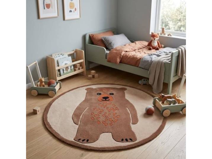 Morgenland Kinderteppich Handgetuftet Wolle Braun 120x120cm Rund 100% Schurwolle, Kollektion Kids, Kinderzimmer, Handarbeit