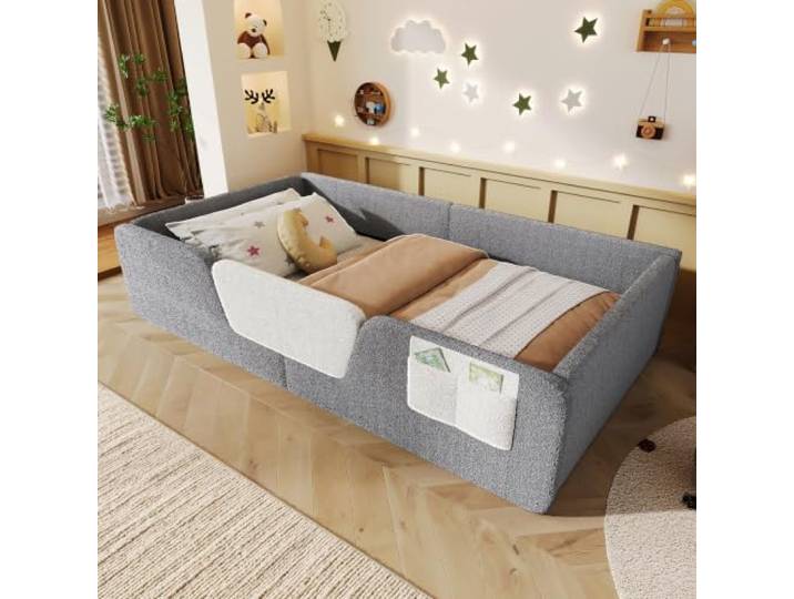BTM Kinder Bodenbett 90x190 mit Sicherheitsgitter Grau Stofftasche zur Aufbewahrung, Samtstoff