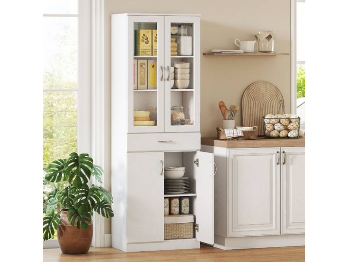 HOMCOM Buffet Cuisine Blanc 60x35x180cm avec Tiroir et Vitrine