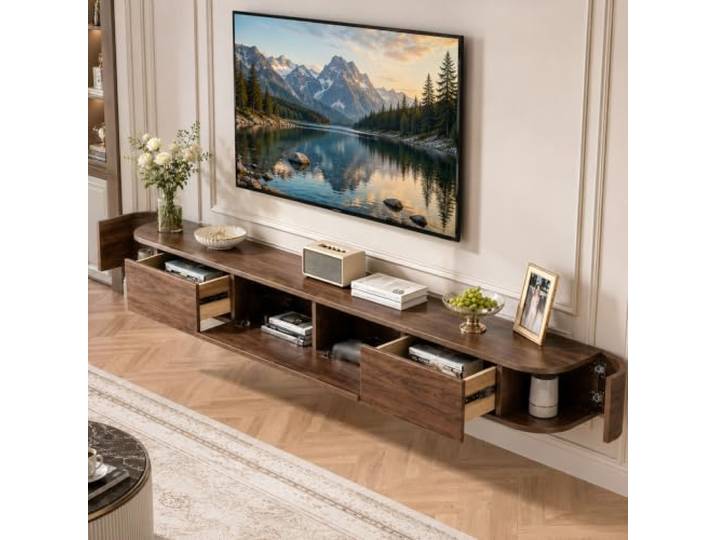 Vormontierte, schwebende TV-Einheit mit Schubladen, wandmontierter TV-Schrank aus Holz, moderne schwebende Medienkonsole mit großem Stauraum, platzsparende TV-Bank unter dem Fernseher für Wohnzimmer